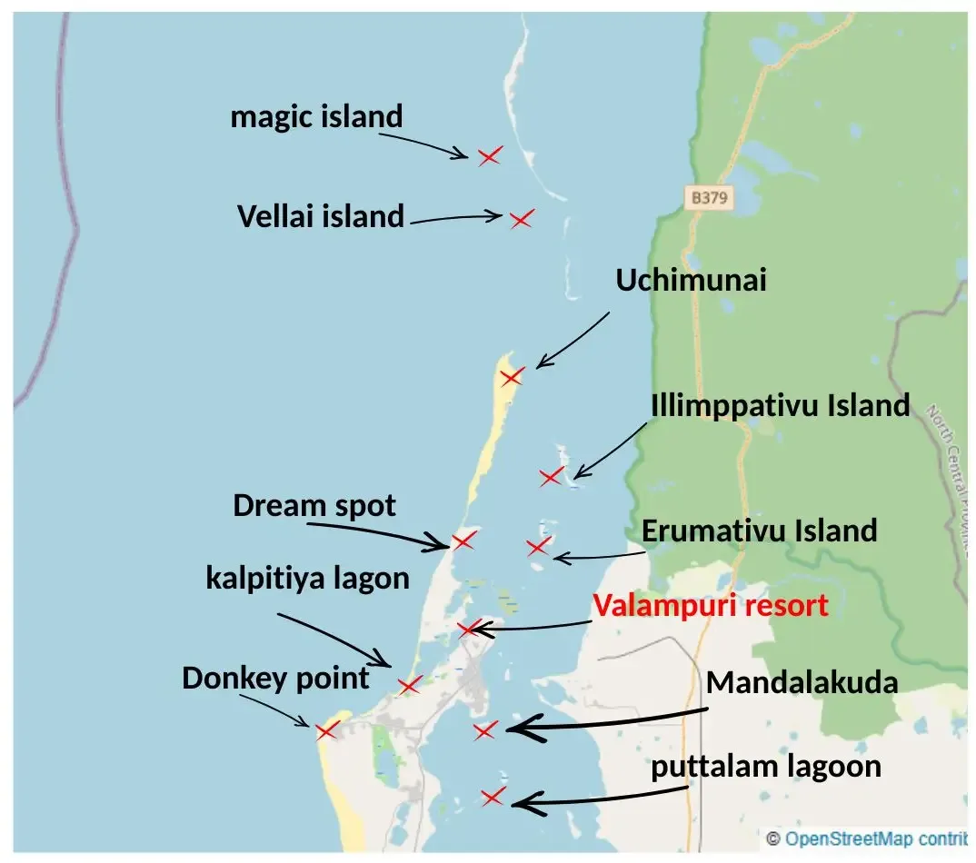 Map of kitesurfing spots around Kalpitiya Lagoon