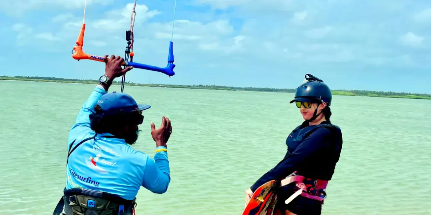 Kite rental equipment ready on the beach at Kalpitiya Lagoon