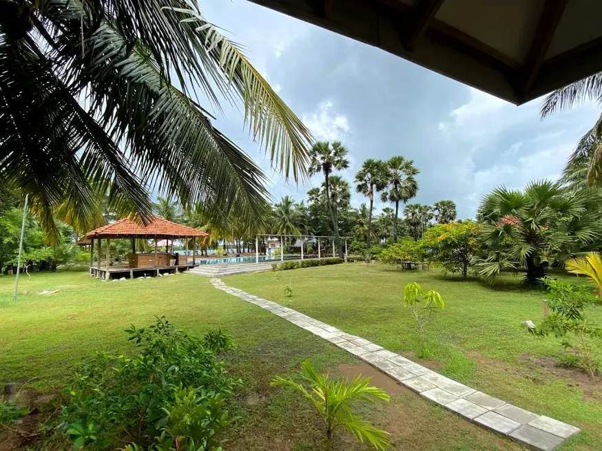 Pool and gardens at Valampuri Resort, the base for kite holidays